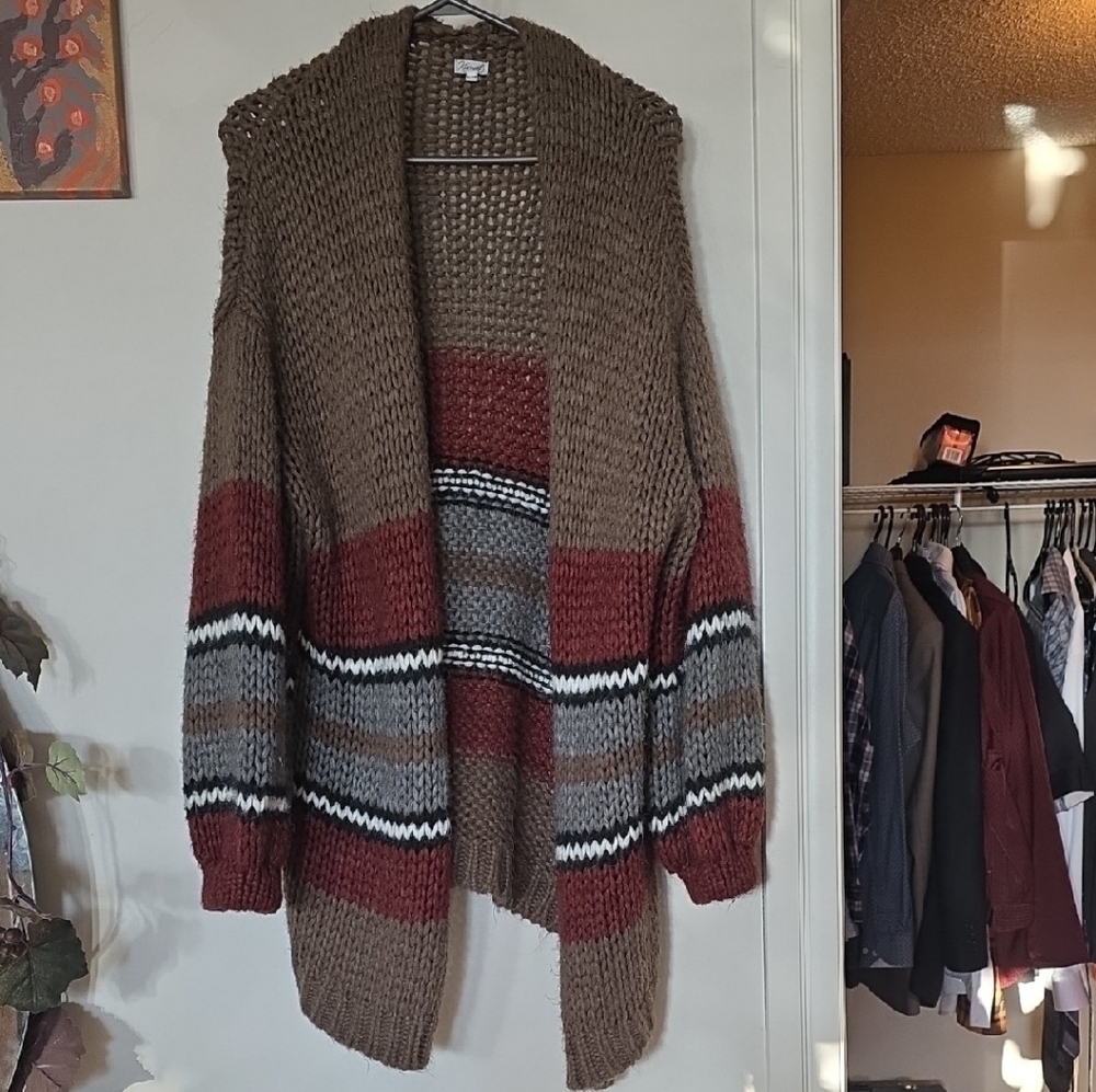 Kismet Brown Cardigan with Rust and Black-White Stripes